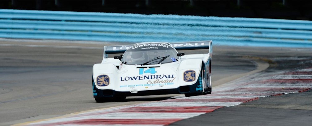 White Löwenbräu Special Porsche 962, number 14, on track at Watkins Glen