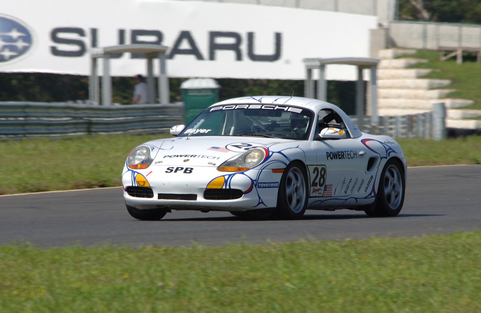 White Porsche Boxster race car, number 28, at NJMP Thunderbolt